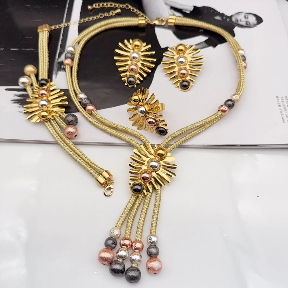 

Yuminglai Dubai Gold-Plated Jewelry Set For Women Earrings Bracelet Rings Wedding Party Gifts Women's Accessories FHK22374