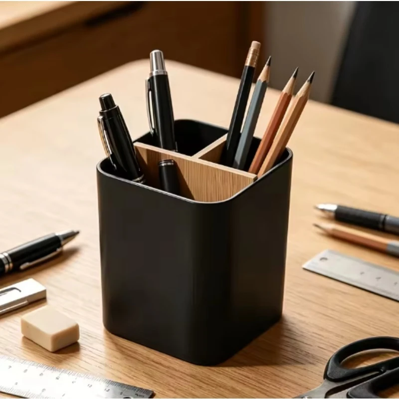 3-Grid Desktop Pen Holder Detachable Wood Divider Plastic Stationery Organizer Multifunctional Makeup Brush Storage Cup
