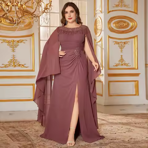 UNITHORSE Elegant Long Dress with round Neck Shoulder Heavy Bead Splicing Split Formal Evening Gown