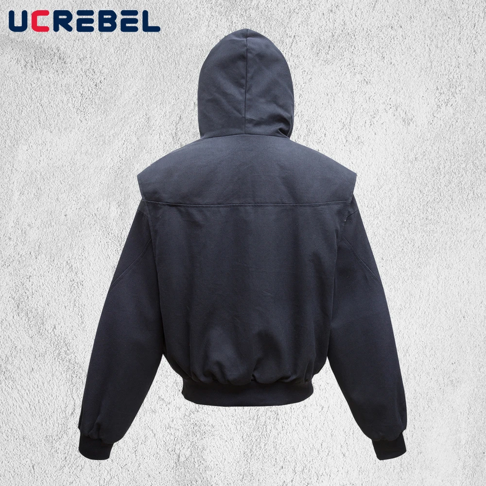 Button Decoration Hooded Padded Jacket Mens Winter Spliced Faux Rabbit Fur Lining Long Sleeve Outerwear Man
