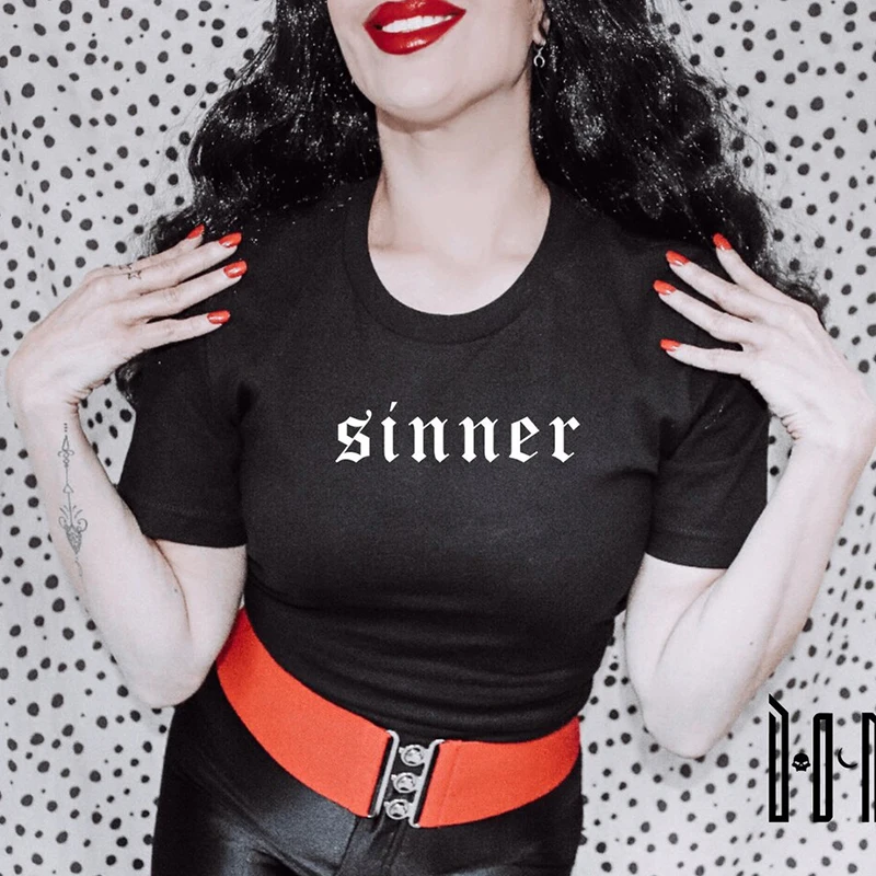 I'm Sinner Women T Shirts Cotton O Neck Graphic Tee Y2k Trendy Punk Tshirt Black Cotton Withchy Fashion T-shirt Dropshipping