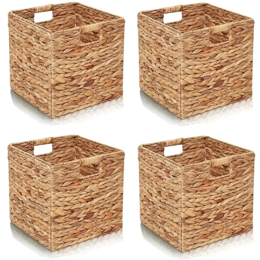 

Baskets 4 Pcs Water Hyacinth Cube 11.2x11.2inch Storage Bins,Foldable Woven Baskets for Bathroom, Bedroom, Laundry, Pantry, Shel
