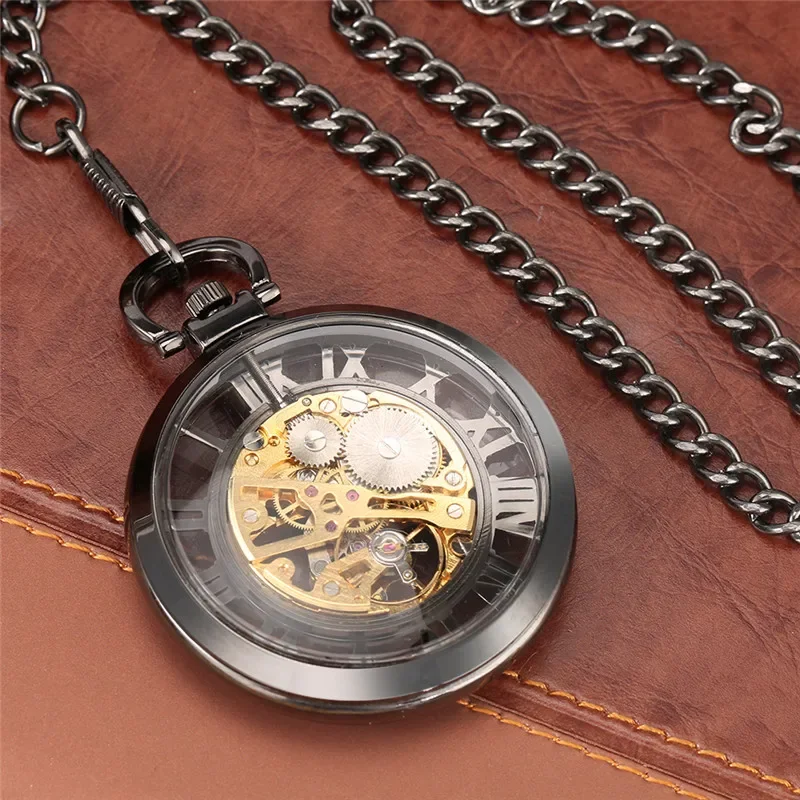 Luxo mão-vento mecânico números romanos steampunk relógio de bolso transparente rosto aberto corrente preta masculino feminino presente legal