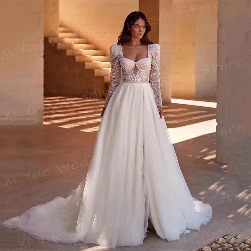 Vestidos de casamento linha para mulheres, lindos e modernos, manga comprida brilhante, com renda, vestidos de noiva, charmoso lado alto