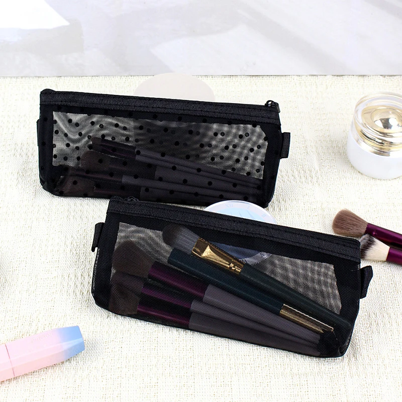 Mesh Cosmetic Makeup Bags Case Holder Cute Transparent Zipper Black Heart Printed Pencil Pen Case Pouch Convenient To Carry