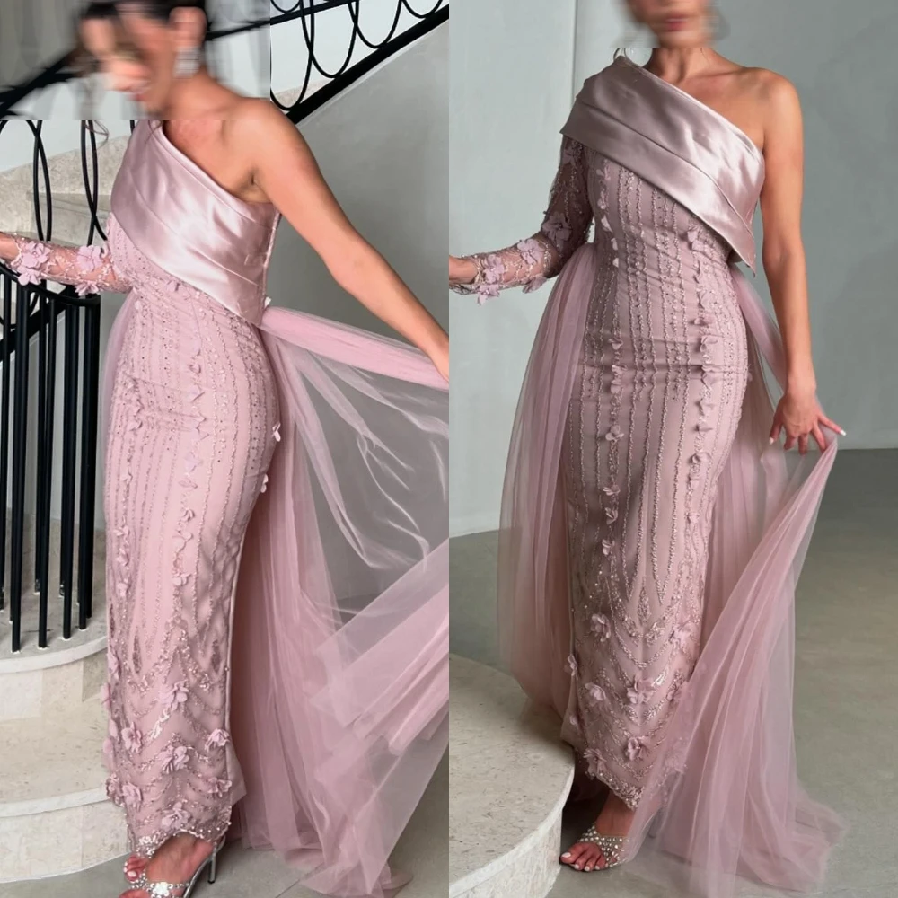 Gaun Malam Satu Bahu Mewah Kustom Gaun Prom Lengan Panjang Indah Gaun Acara Khusus Tulle Temperamen