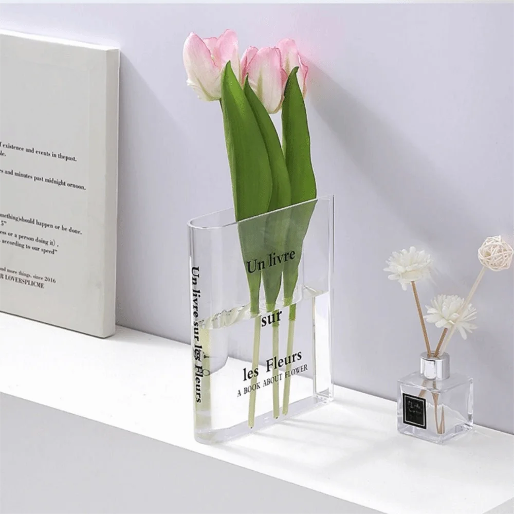 

Modern Book Letter Acrylic Vase Unique Shape Minimalist Transparent Vase Aesthetic Clear Book Vase Green Plant