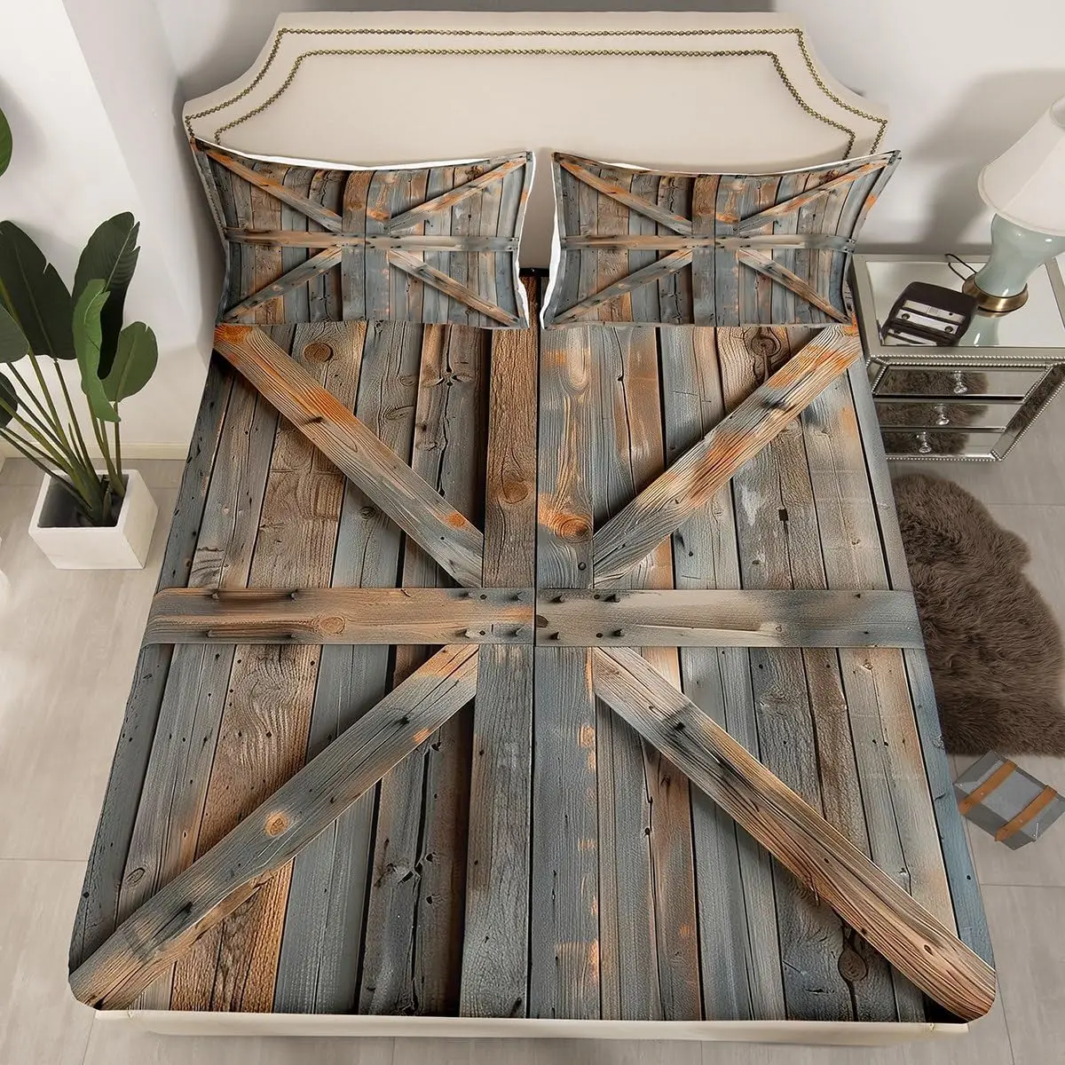 Vintage Wooden Door Fitted Sheet Full King Old Barn Door Bed Sheets Farmhouse Wood Planks Bedding Set Countryside Western Sheets