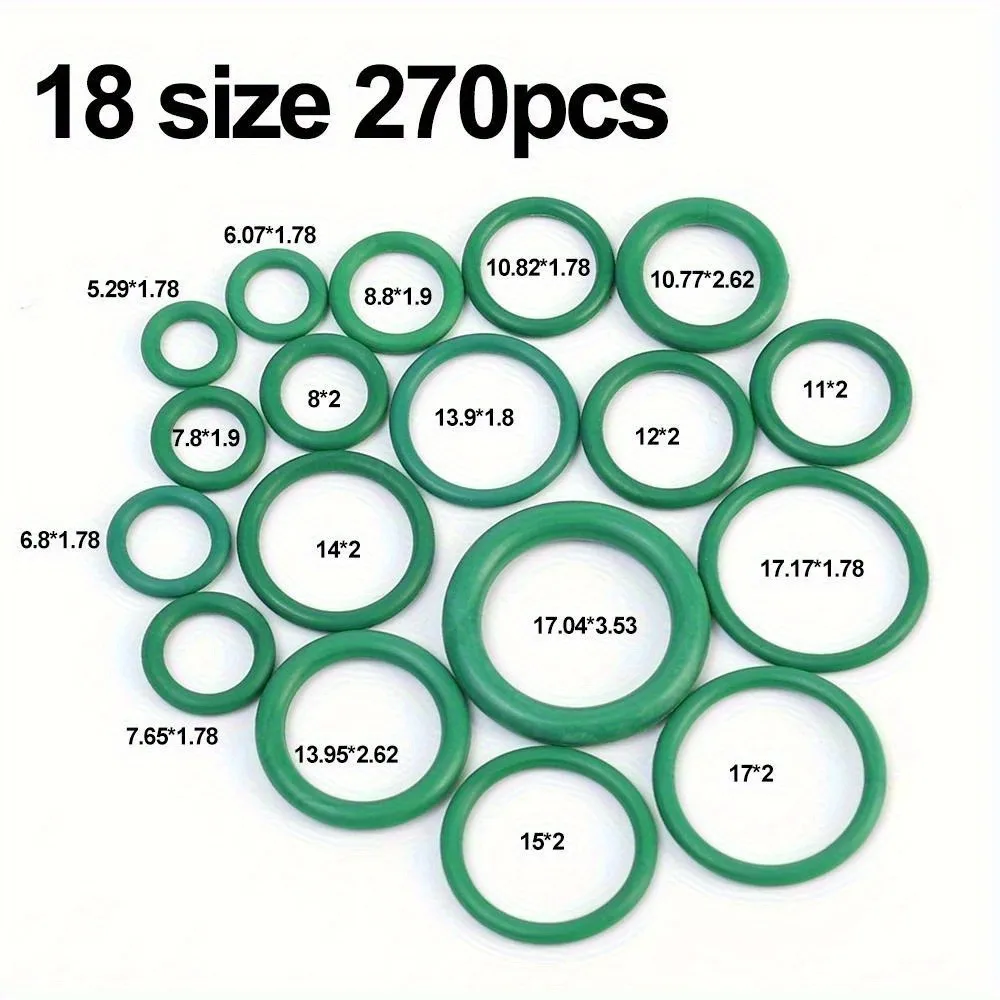 270pcs Green High-Quality Rubber O-Ring Assortment Kit - 18 Sizes Heavy-Duty Multi-Purpose Sealing Gaskets for Automotive, Plumb