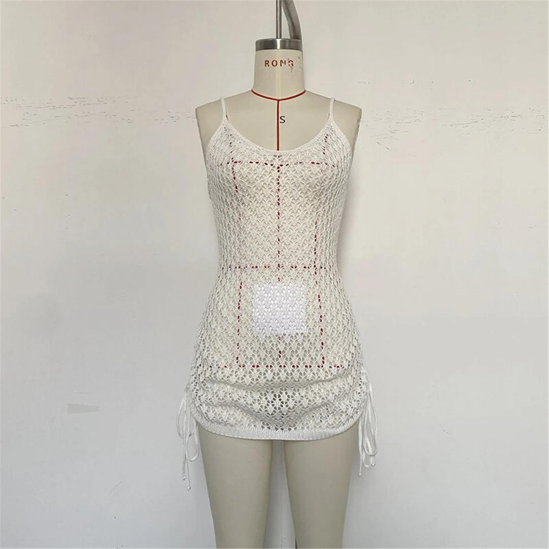 Ausgehöhltes, mit Häkelstrick verziertes Minikleid mit Kreuzrücken, Strandkleid, Strandmode, Strandbekleidung, Strandüberwurf, Damen V6470 – Detail 18