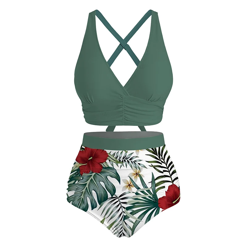 Dressfo Women's Hawaiian Vacation Swimsuit Set Palm Leaf Hibiscus Floral Print Crossover Ruched Boyshorts Swimwear