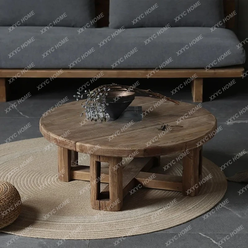 

WW03.Wabi Sandy Wind Solid Wood Coffee Table Light Luxury Retro Round Wood Sofa Tea Table Living Room