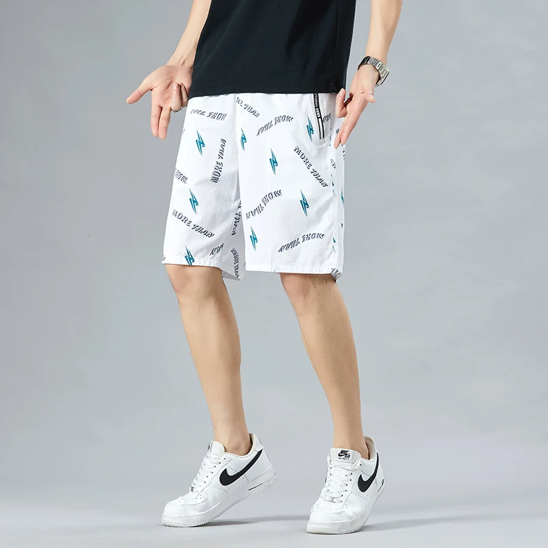 Summer Thin Fashion Letter Casual Shorts Printed Loose Straight Men's Clothing Zipper Pockets Spliced Basic Korean Knee Pants