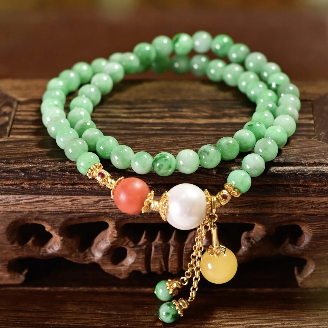 Natural A‑Grade Floral‑Jade Double‑Loop Bracelet,Freshwater Pearl Amber South Red Agate,S925 Silver Chinese‑Style Women Gift