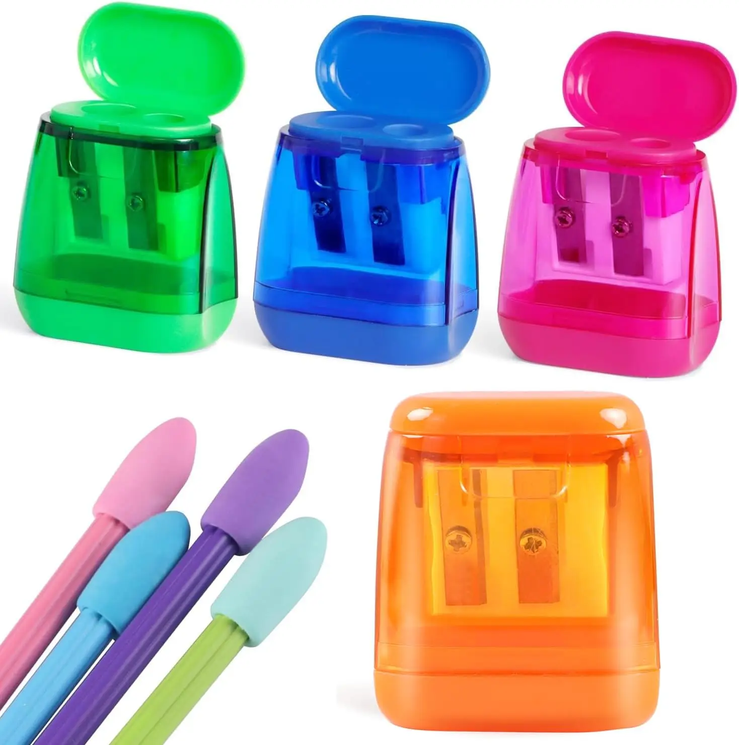 

8-Piece Pencil Sharpener Set: 4 Dual Hole Sharpeners + 4 Erasers, Portable for Kids & Students