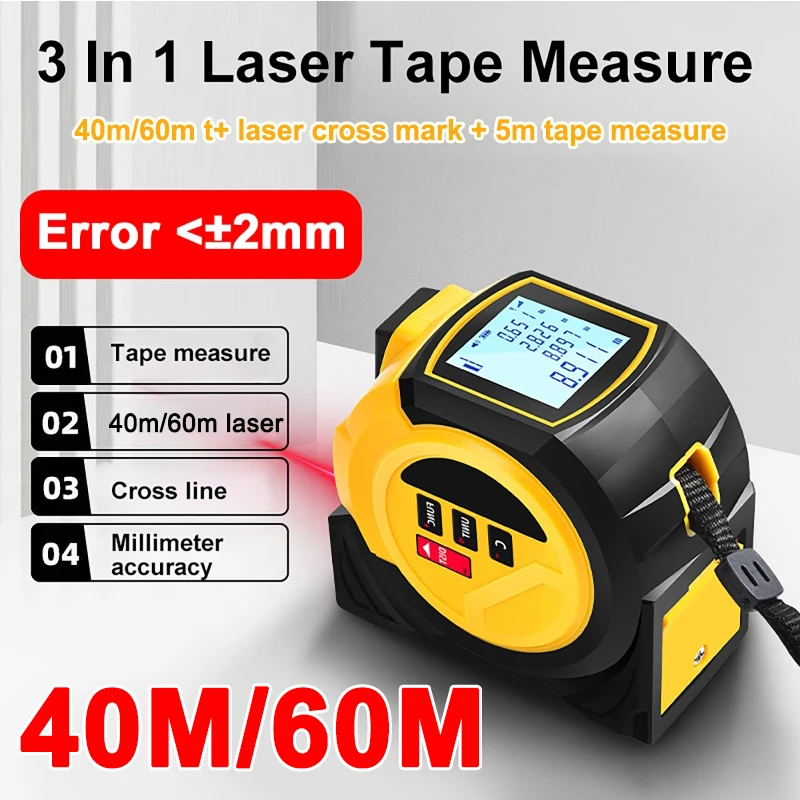 

3 IN 1 Laser Tape Measure Infrared Distance Meter 5M High-Precision Electronic Ruler 40M/60M Laser Cross Measuring LCD Display