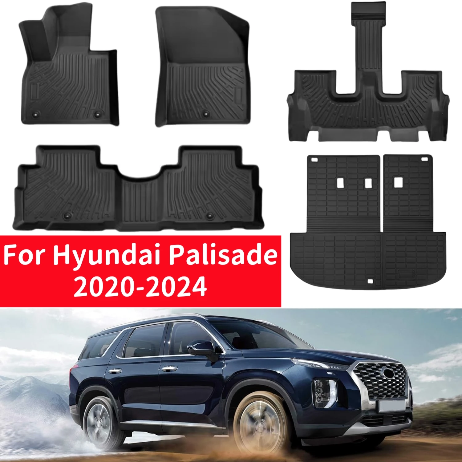 TPE Floor Mats Custom for Hyundai Palisade 2020-2024, All Weather 3D Trunk Mat Cargo Liner TPE Back Seat Cover Protector 