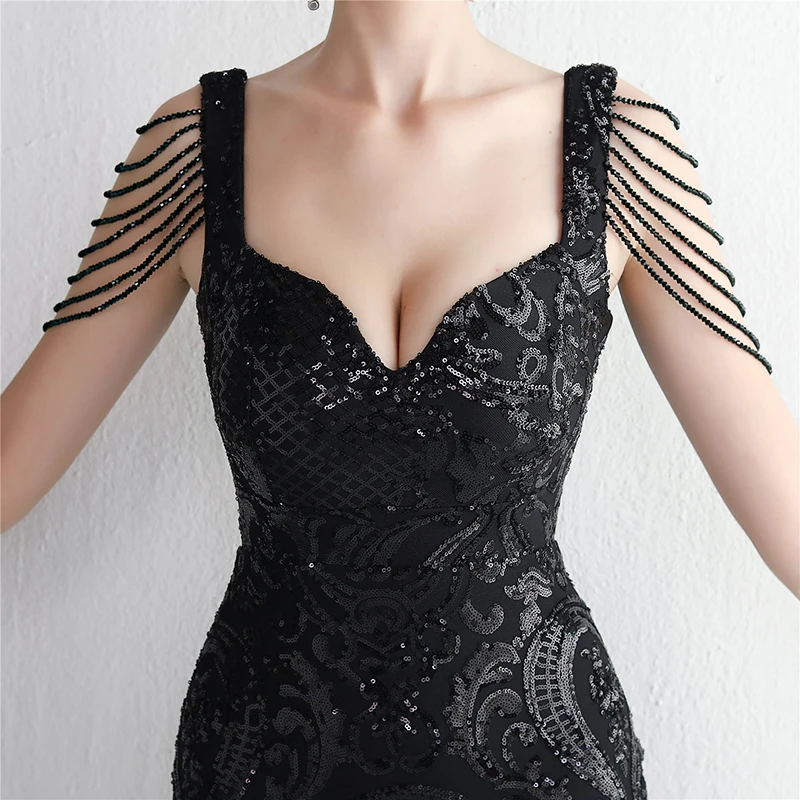 Femmes mode été sans manches col en V paillettes maille Patchwork Sexy bal soirée Cocktail longue robe sirène