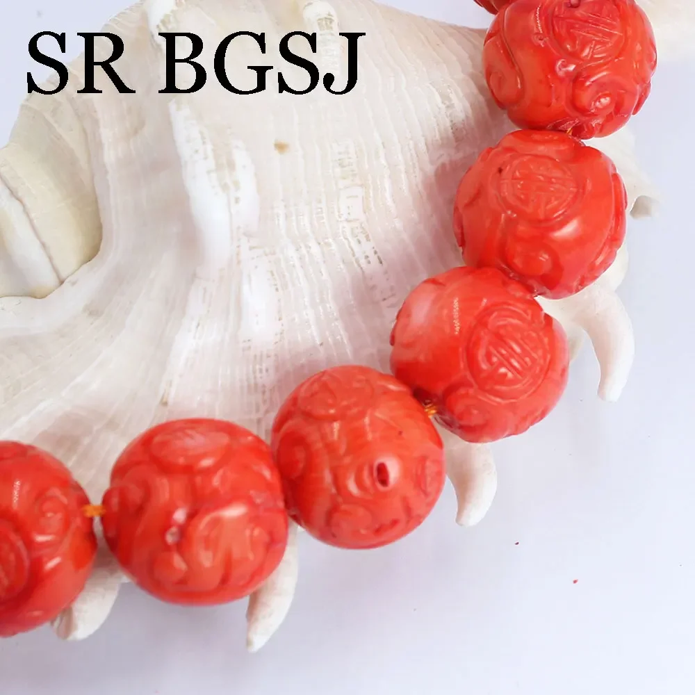 20mm Big Large Carved Lucky Natural Orange Sea Bamboo Coral Gem Round Loose Beads for Jewelry DIY Bracelet Necklace Handmade