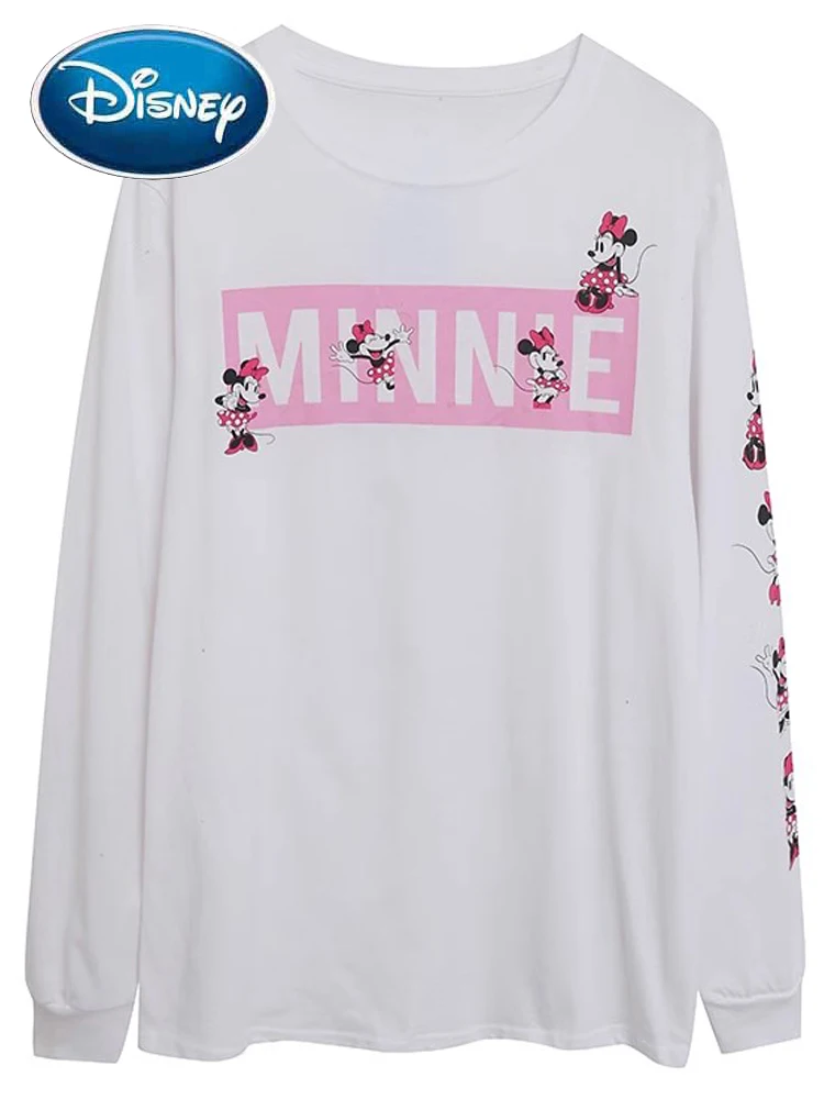

Disney Sweatshirt Minnie Mouse Letter Cartoon Print T-Shirt Sweet Women O-Neck Pullover Long Sleeve Jumper Tee Tops White Female