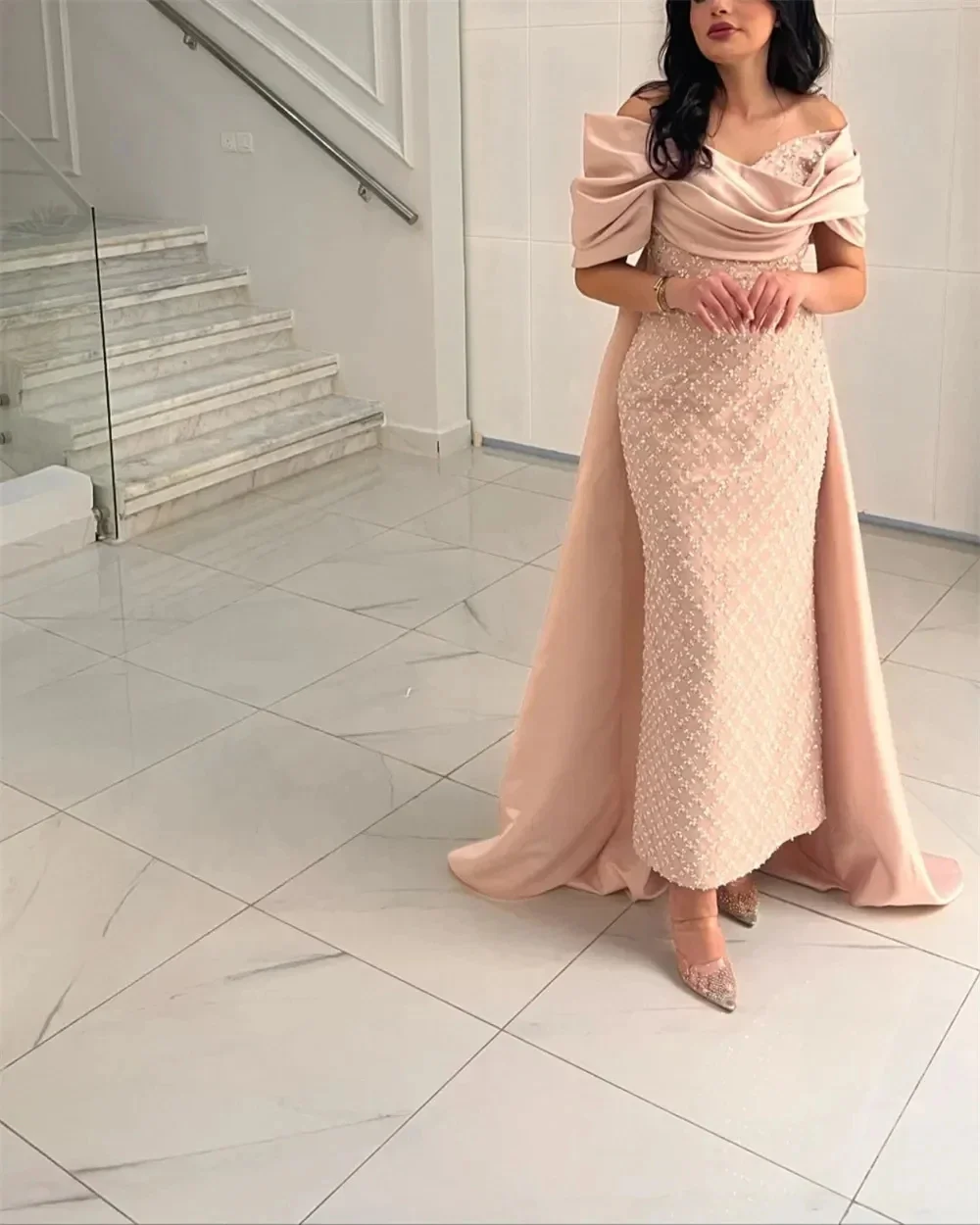 Sansa Elegant Pink Off Shoulder Prom Dresses Satin Glitter Bead String Vestidos de fiesta Mermaid Ankle-Length 2024 فساتين سهرة