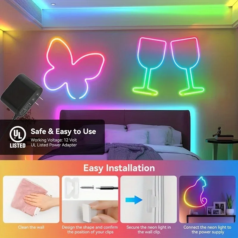 Tuya Smart Life WiFi LED Neon Light Strip USB 5V LED Strip RGB Neon Sign Tape Decoration Alexa Google Home Silica Gel With Clips