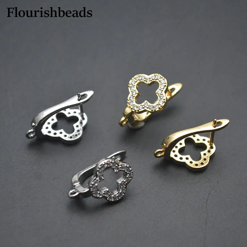 30pc High Quality Gold Silver Color CZ Beads Paved Clover Flower Shape Earring Hook Leverback Clasps For DIY Jewelry Making