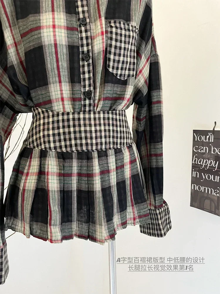 Autumn Women Suits Korean Fashion Vintage Gyaru Y2k Old Money Plaid Outfits 2 Piece Set Long Sleeve Blouses Mini Pleated Skirt