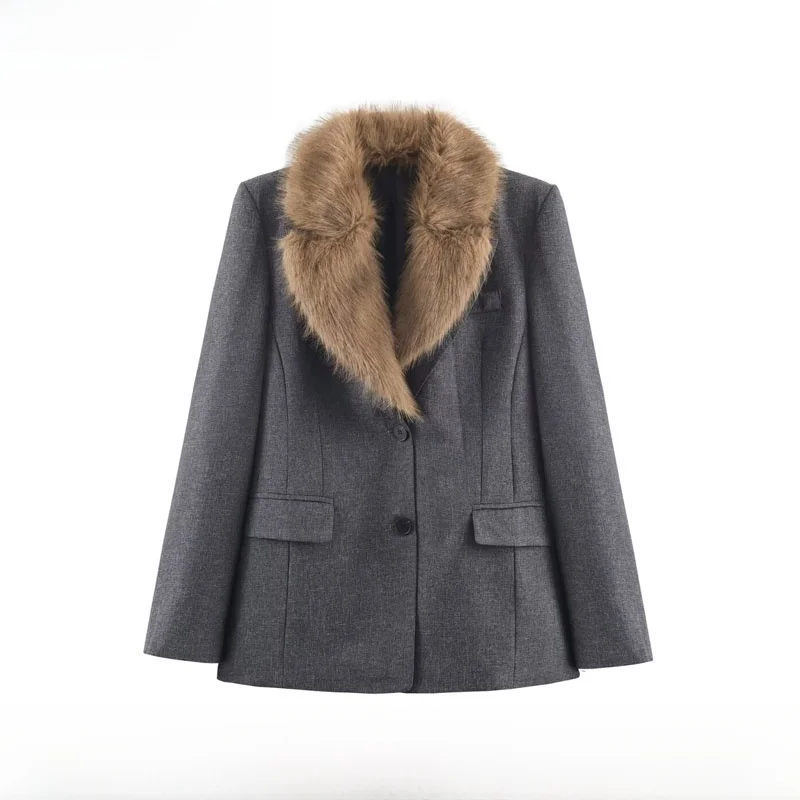 

New Autumn Winter Women's Suit Jaet Collared Artificial Fur Long Sve Warm Commute Polyester Fiber Faion Sle