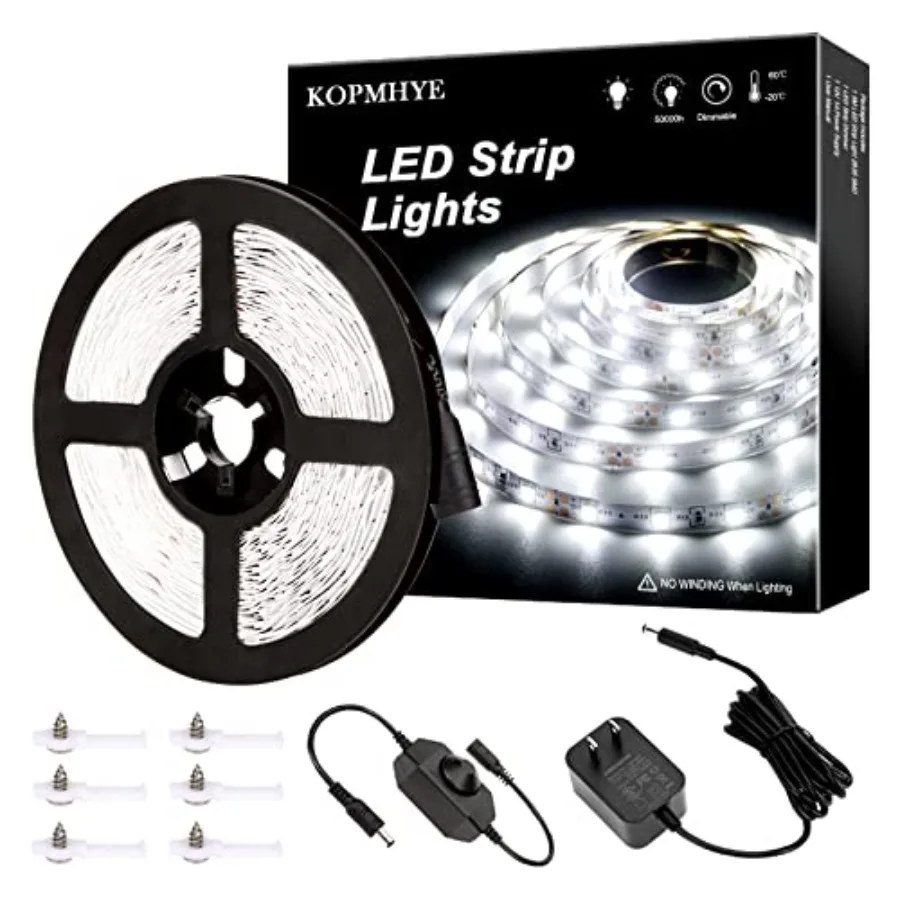 KOPMHYE 5M Dimmable LED Strip Lights Kits, 12V Tape Light, 300 2835 LED, 16.4ft 6000K Daylight White Ribbon with Power Adapter,