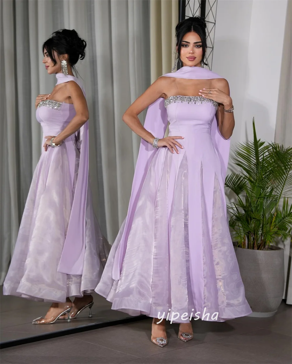 Vestidos de Noche hasta el tobillo sin tirantes para mujer, chal con lentejuelas y cuentas de diamantes de imitación morados a la moda, personalizados, sexys