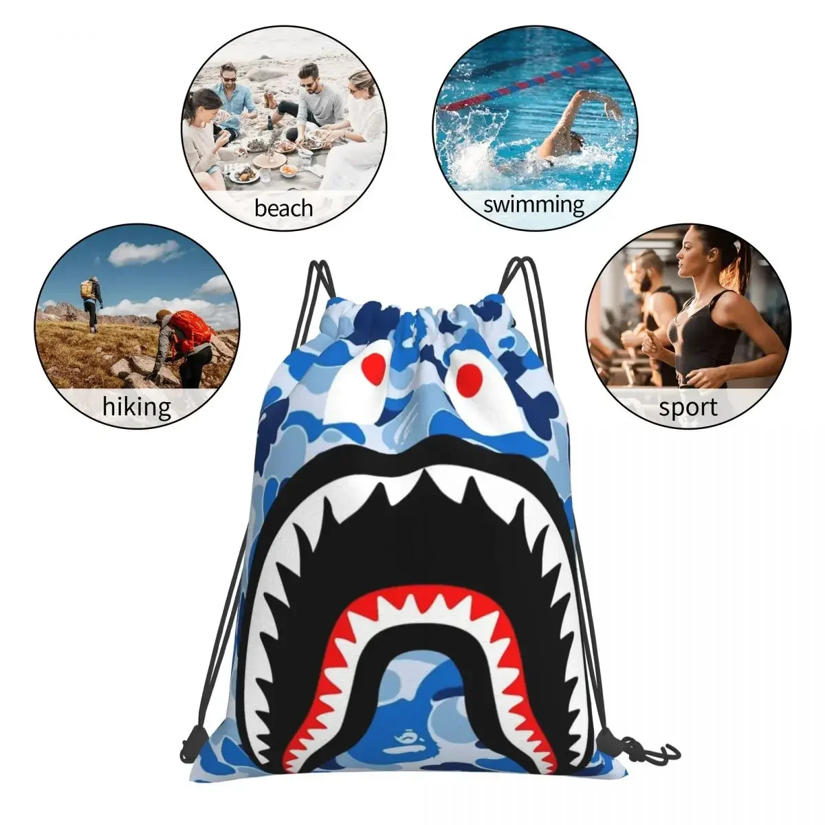 Shark Blue Camo Camouflage Backpacks Casual Drawstring Bags Drawstring Bundle Pocket Sports Bag BookBag For Travel School