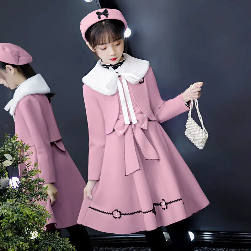 Girls' Woolen Dress Autumn and Winter2024New Korean Style Children's Two-Piece Suit Dress Princess Dress Winter