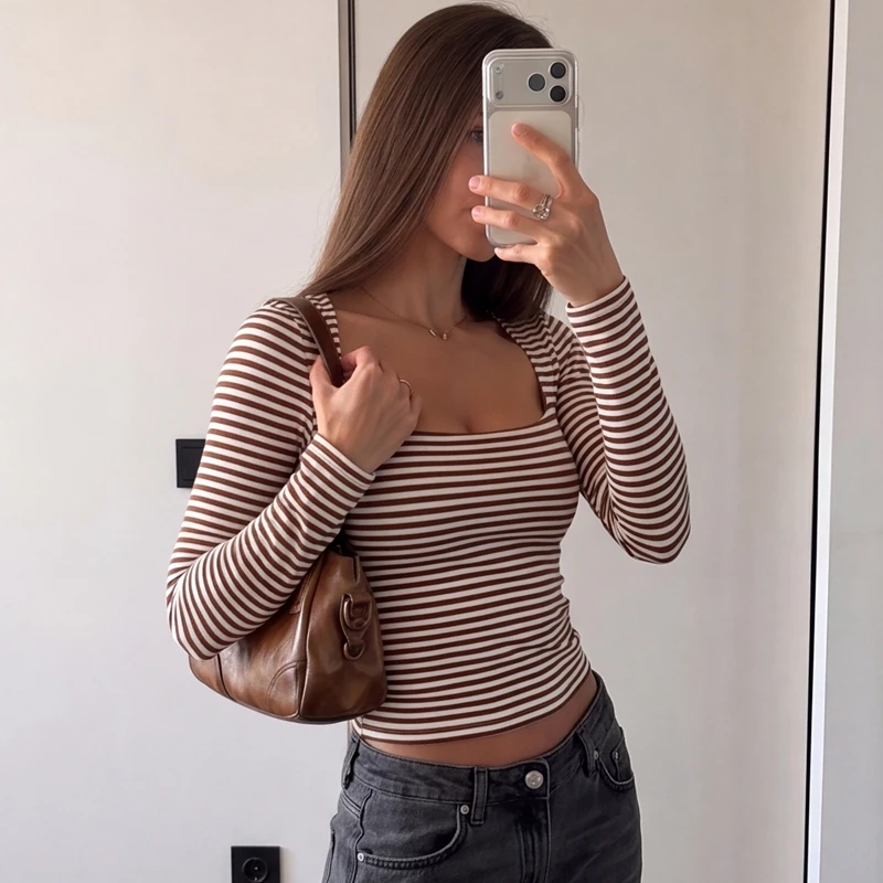 Hugcitar Gestreiftes Crop-Top mit Quadratischem Kragen und Langen Ärmeln, Sexy Damen-Mode-Outfit für Herbst, Streetwear, Party-T-Shirts, Großhandel – Detail 18