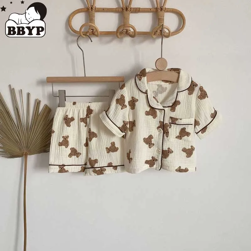 

2Pcs Summber New Kids Pajamas Korean Long Sleeve Print Bear Cardigan And Pants Cotton Musline Yarn Sleepwear