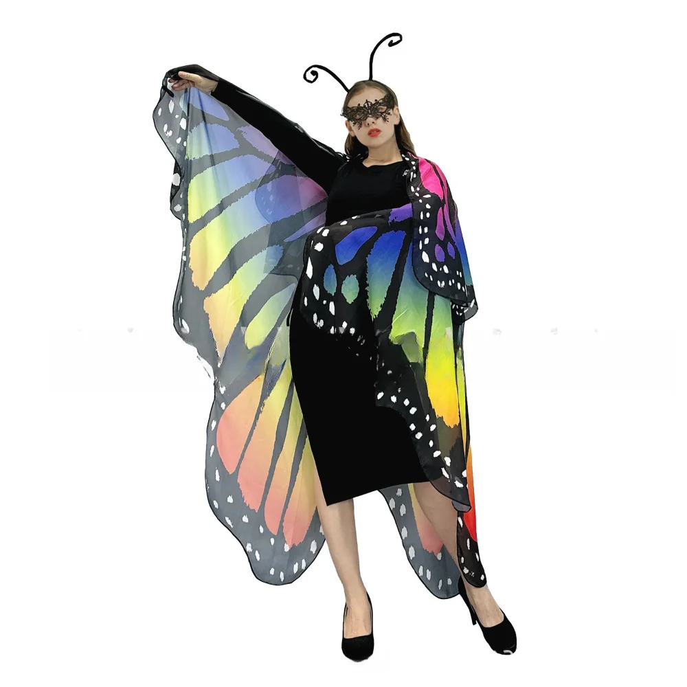 2024 New Two Layers Chiffon Butterfly Wings Costume Adults Halloween Shawl Colorful Nymph Pixie Accessory for Christmas Cosplay