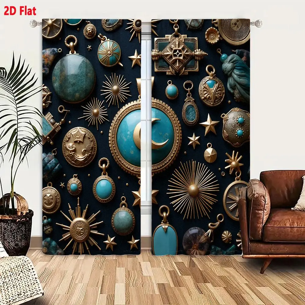 2Pcs Curtains 2D Flat Ornate Gold Jewelry Collection With Turquoise Celestial Pendants And Vintage Amulets Window Drapes for Bed