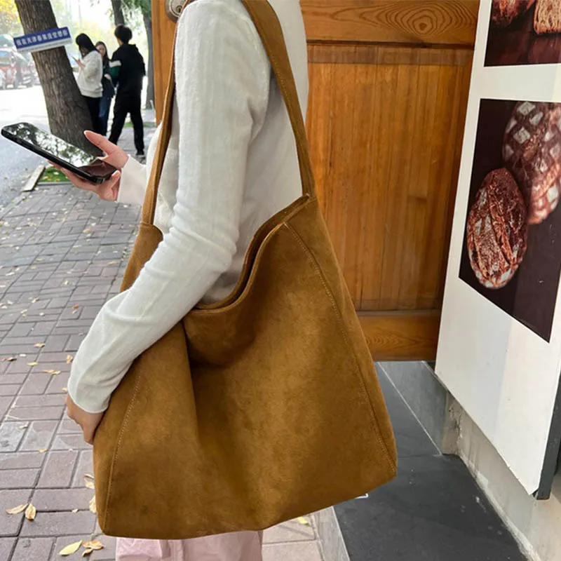 Commuter Tote Bags Women'S Woolen Large Capacity Underarm Shoulder Hand Bag Trendy Style Suede Bags