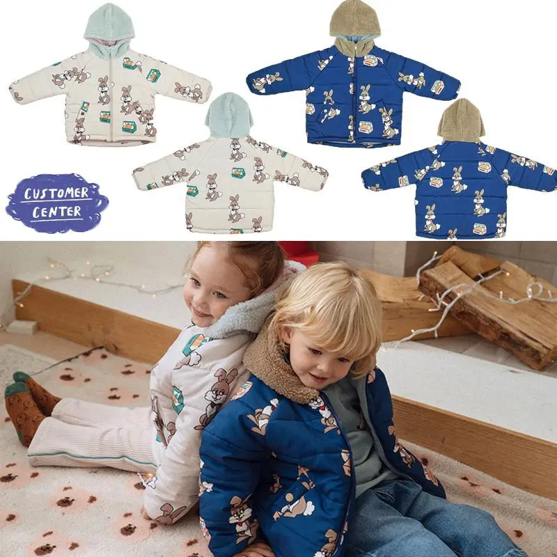 

Jenny&Dave 2023 Winter New Casual Jackets for Kids Cute Rabbit Full Print Cotton Clip Thickened Hooded Coat