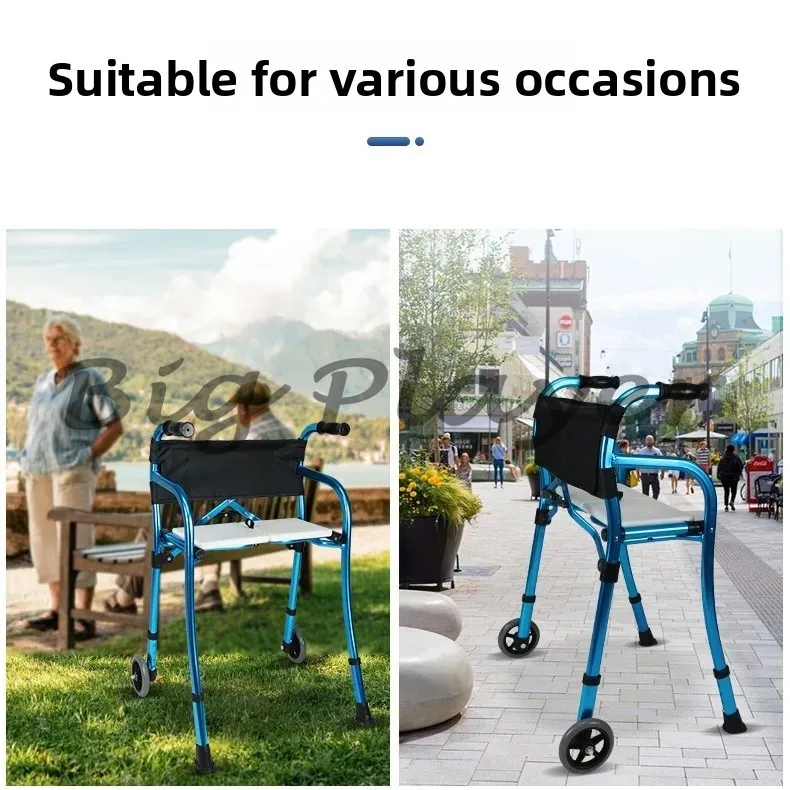 

Foldable Walker with Wheels and Seat Aluminum Walking Aid Four Corners Cane Rehabilitation Walking Aid