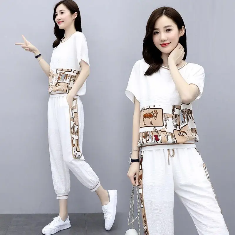 Summer Large Size Sets Women Short Sleeve Tshirts+ Pants Two-piece Sets Fashion Casual Female Sportswear Suit Printed Set