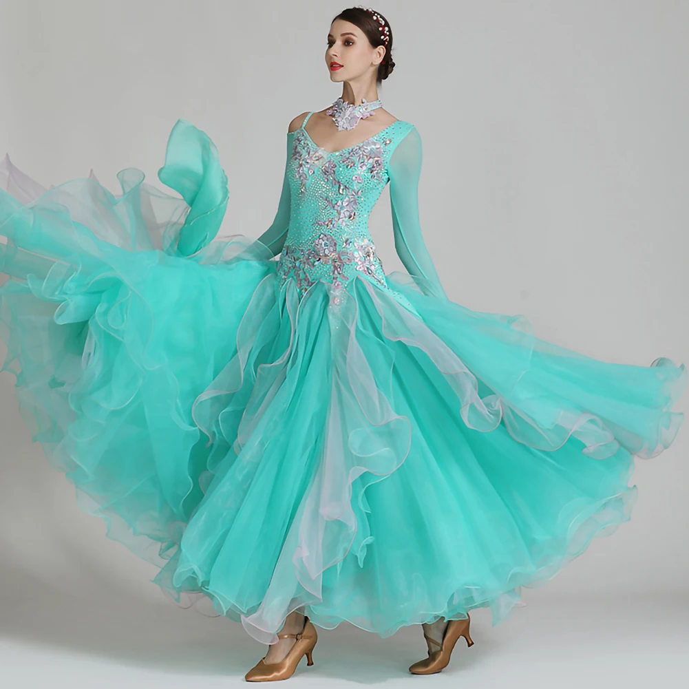 Ballroom Dance Competition Dress V-neck Lake Green Rhinestone High-end Modern Waltz Dress Ribbon Long Sleeve Standard Dresses