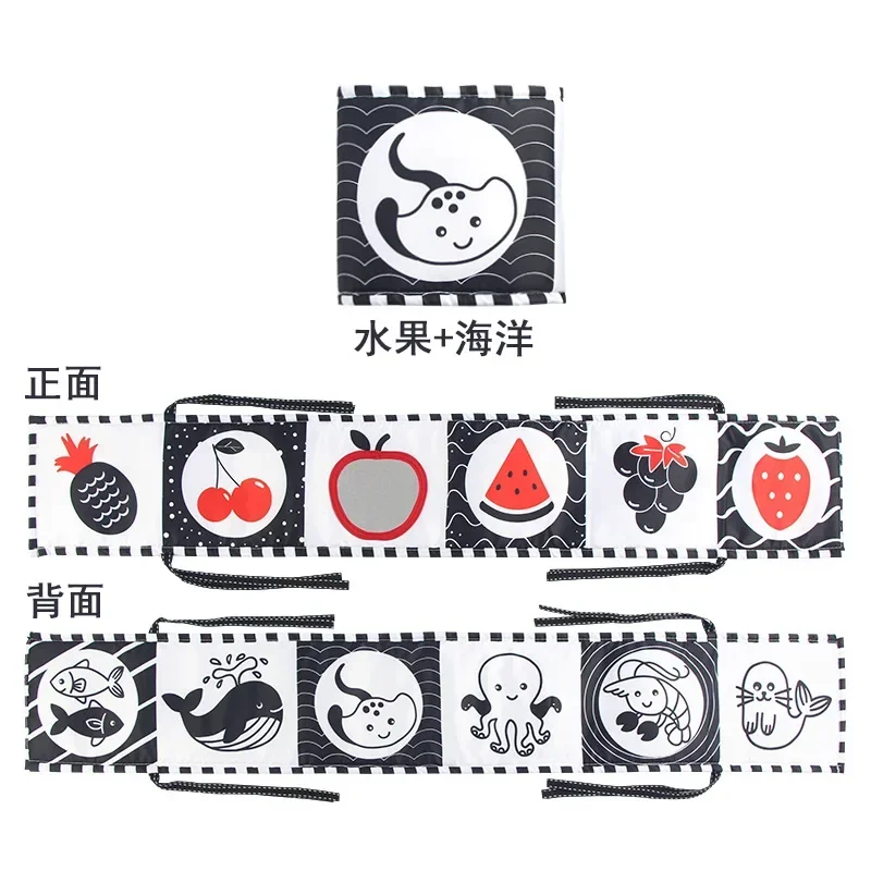 Sensorisches Stoffbuch, kontrastierendes Babyspielzeug, 0–12 Monate, Neugeborene, Krippenspielzeug, schwarz-weiße Tierstoffbücher, Montessori-Babybuch