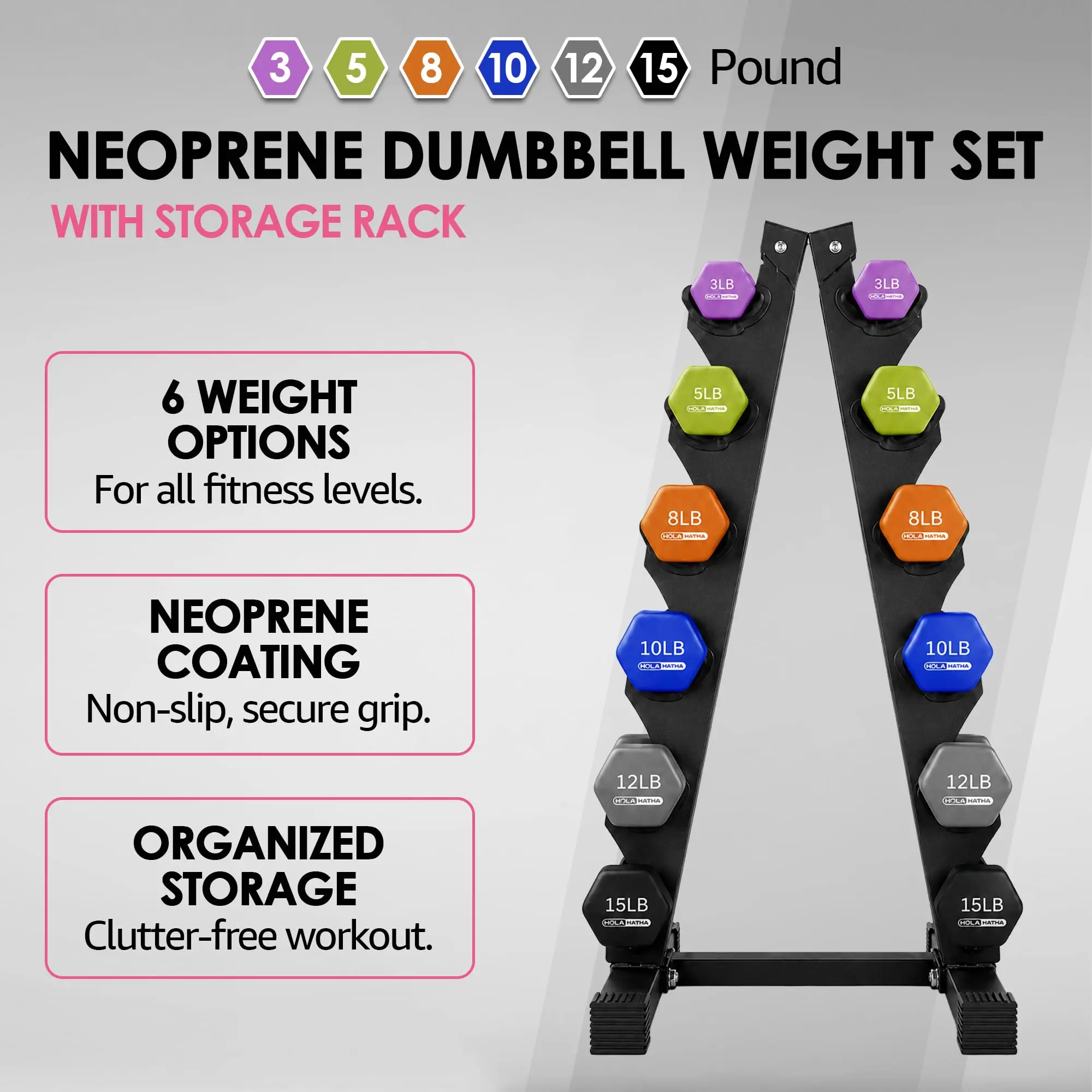 1, 2 and 3 lb Neoprene Dumb Strength Training Weight Set with Rack