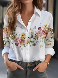 Camisa floral de manga longa feminina, fina, sexy, macia, confortável, sombra sol, lapela, nova, primavera e verão, 2024