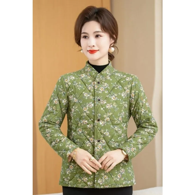 Mature Women Winter Floral Print Stand Collar Warm Padded Coat Mother Lightweight Cotton Jacket