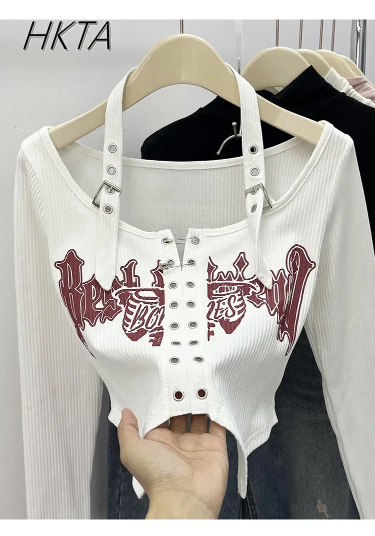 

2024 New Autumn AmericanHot Girl Short Navel Halter Top Y2k Sexy Pullover Bottoming Shirt Women Long Sleeve White Black T-shirt