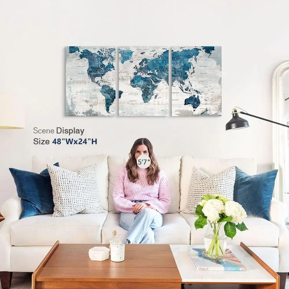 فن خريطة العالم الملهم - ديكور حائط مقاس 48 × 24 لغرفة المعيشة والمكتب وغرفة الطعام #5