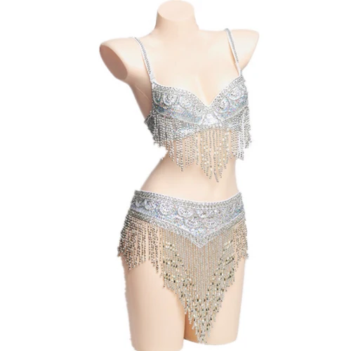 Imagen 2 del producto Ropa dorada de danza del vientre para mujer, Top y cinturón con cuentas de estilo oriental, conjunto de 2 uds, disfraces para disfraz de sujetador de danza del vientre