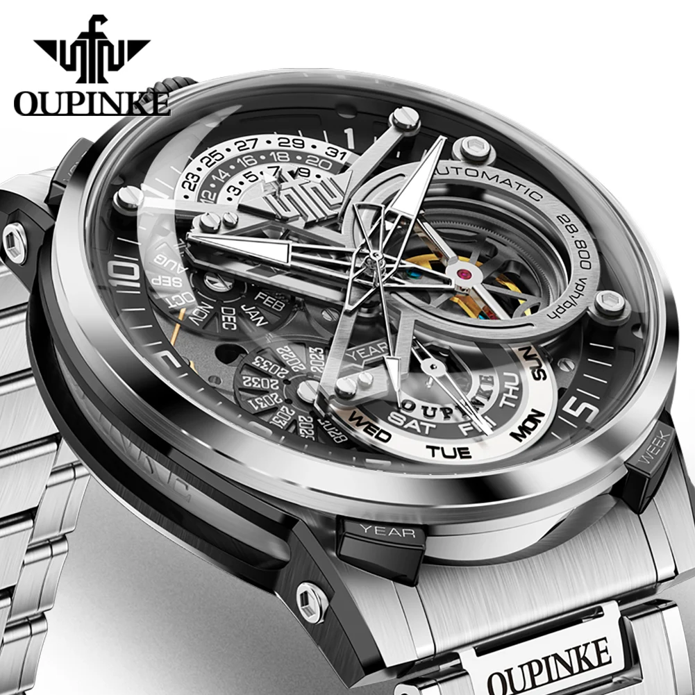 OUPINKE Automatische Herrenuhr, hochwertige italienische Designer-Kollaboration, hohles Schwungrad, multifunktionale mechanische Herrenuhren 3278